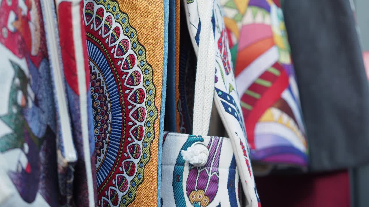 Colorful Bags with Intricate Ethnic Patterns Hanging