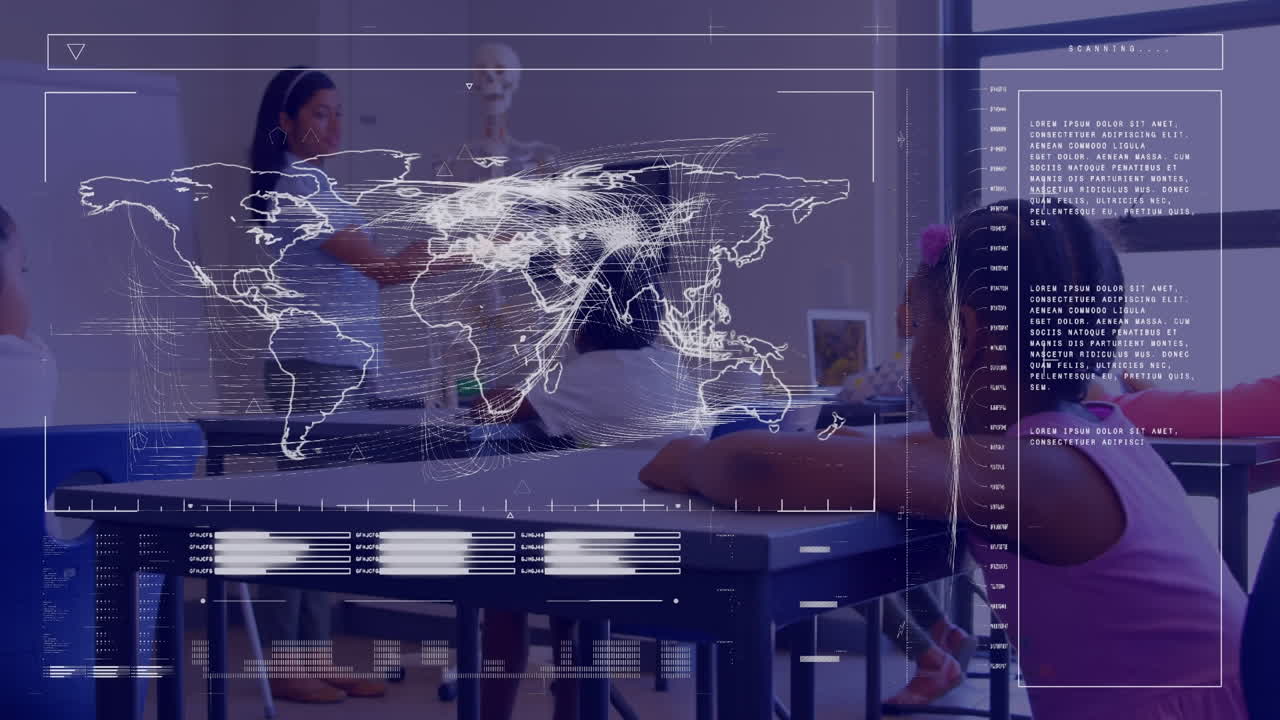 animación del procesamiento de datos sobre una maestra biracial con escolares diversos en el aula