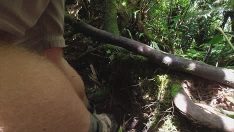 Muddy-boots-POV:-Man-steps-over-log-on-hike-in-dense-jungle-forest