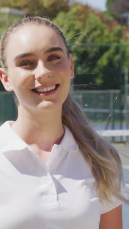 video of happy caucasian female tennis player looking at camera