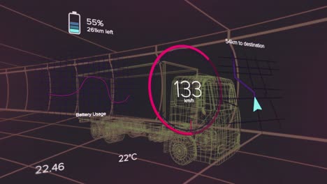 Animation-Eines-3D-Lkw-Mit-Batteriesymbol-Und-Tachometer-Auf-Dem-Grafikbildschirm