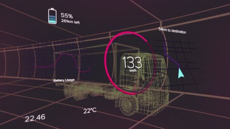 animación de camión 3d con icono de batería y velocímetro en pantalla gráfica