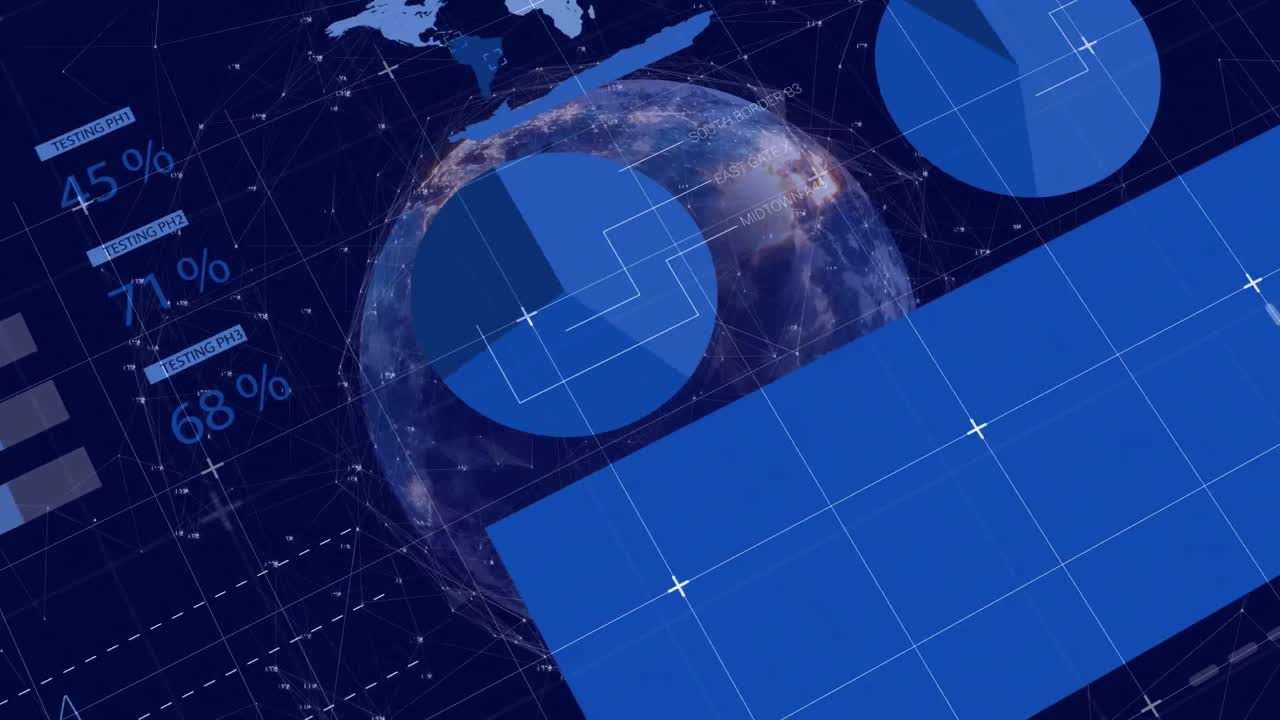 전 세계 숫자를 가진 연결된 점 위의 인포그래픽 인터페이스의 애니메이션