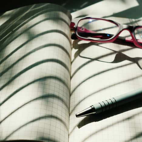 Las-Gafas-Están-En-Un-Cuaderno-Abierto-En-Una-Hoja-En-Blanco-1