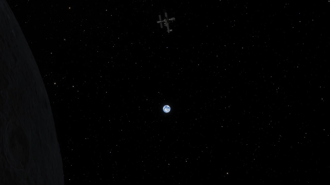 A space station orbits around the dark side of the Moon with the Earth far in the distant background in this realistic and high quality 4K animation of space exploration