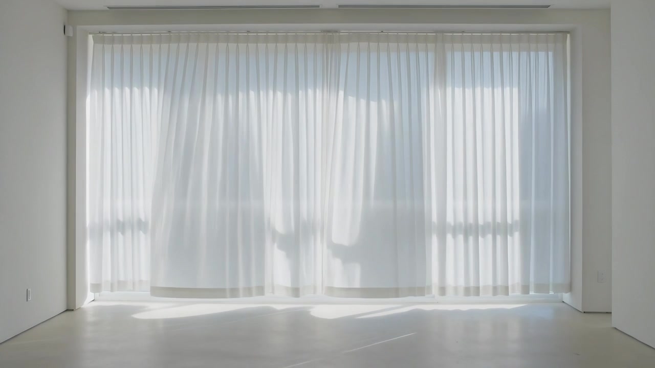 部屋のガラス窓に、ゆったりとした服を着たシルエットが映り、歩きながら薄手のカーテンを調整している。