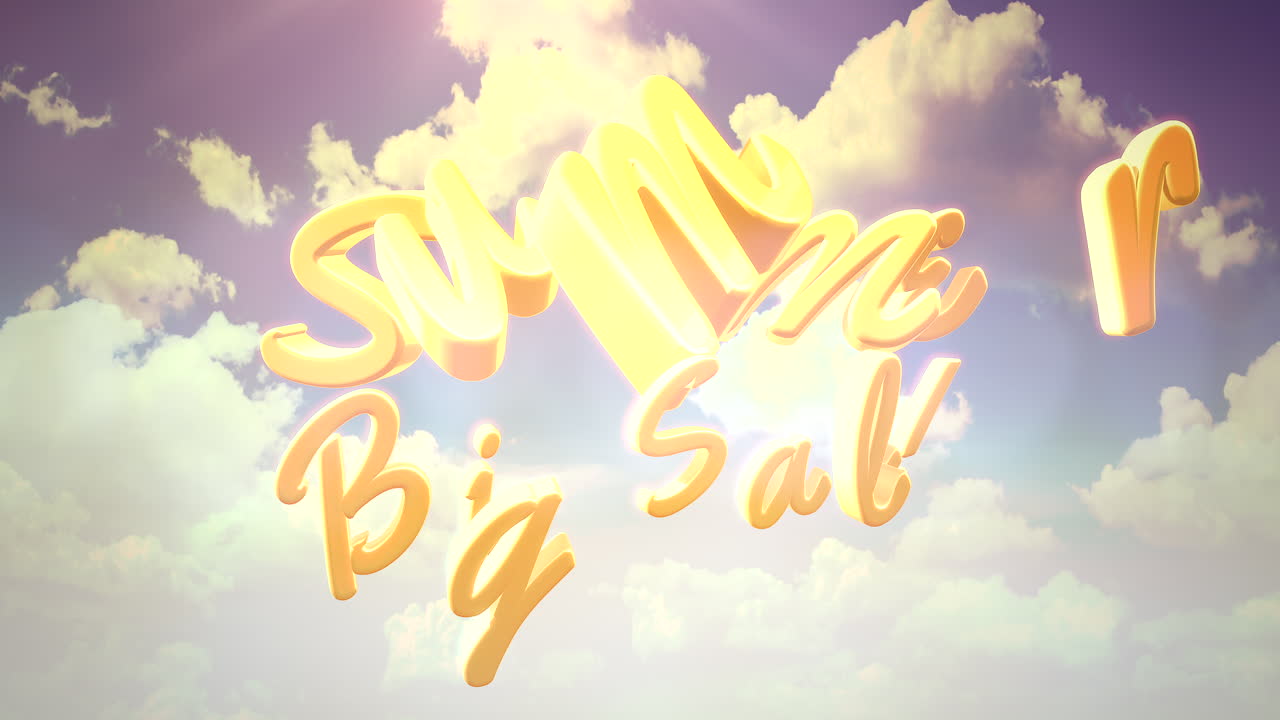 애니메이션 근접 촬영 텍스트 여름 큰 판매 및 푸른 흐린 하늘