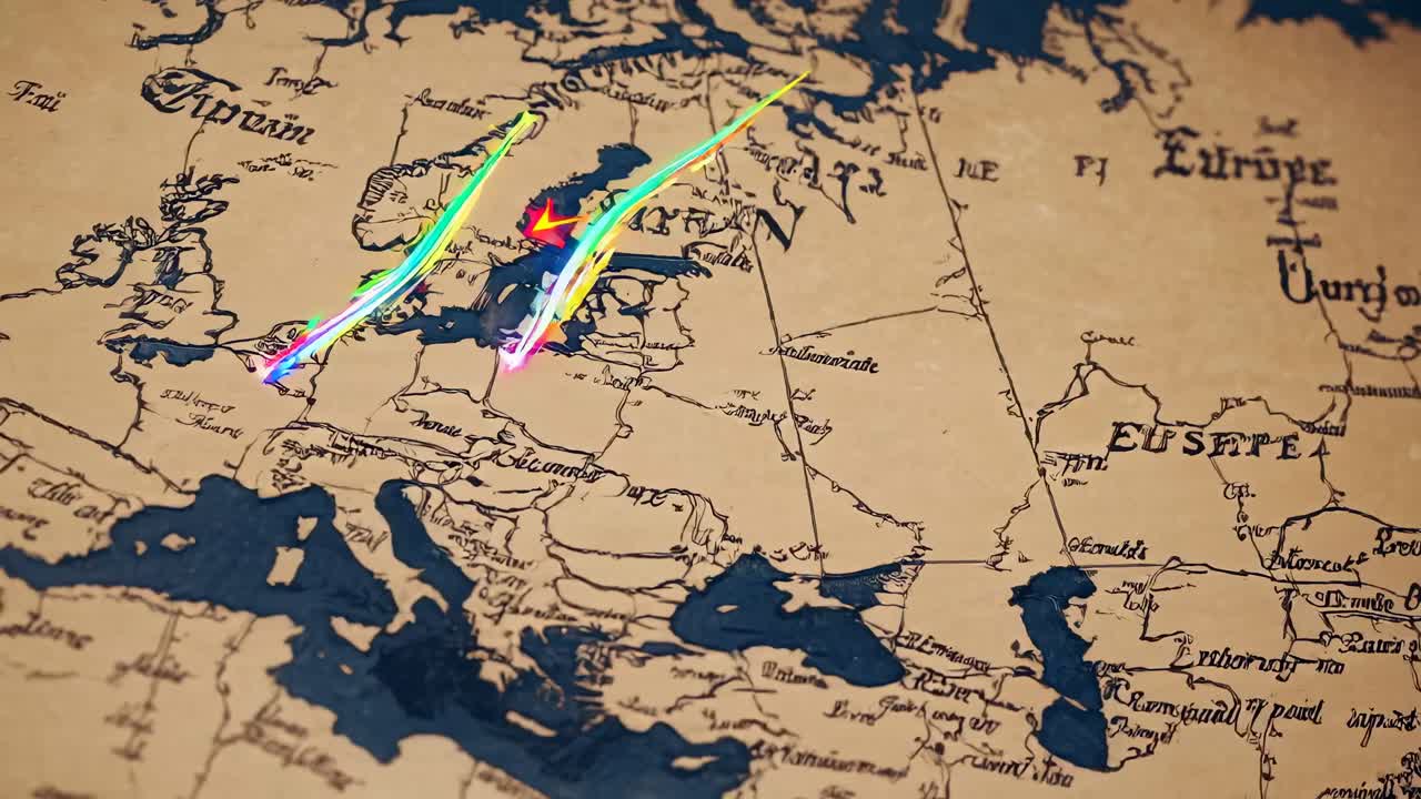 Top-down video map view with colorful arrows tracing routes across Europe, blending vintage map