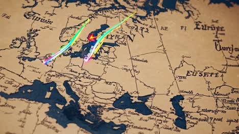 top-down video map view with colorful arrows tracing routes across europe, blending vintage map