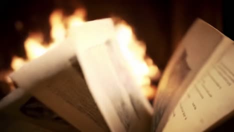 open book by fireplace