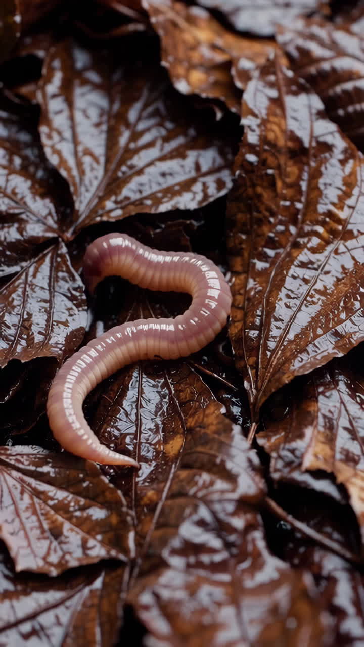 Earthworm on Wet Autumn Leaves