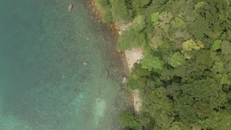 Aéreo,-Vista-De-Pájaro-De-La-Costa-Oceánica-De-Granito-Rocoso-Tropical-Con-Un-Océano-Azul-Claro-Y-Una-Pequeña-Playa-Con-Una-Exuberante-Vegetación-De-Bosque-Tropical-En-Una-Isla