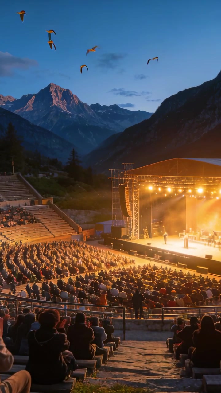 Vertical video: Reacting to lights, crowd seated watching band for show at mountain stage in coats