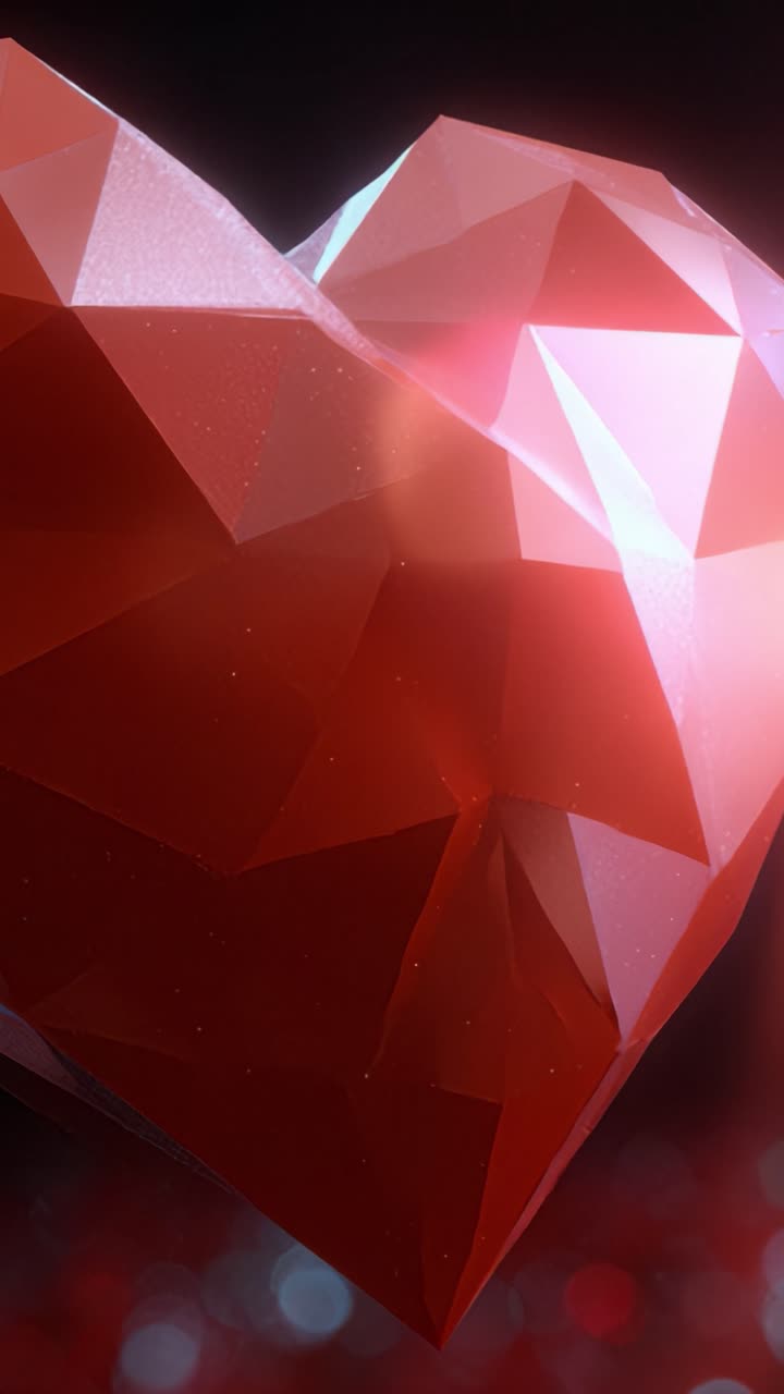 Stunning Close-Up of a Geometric Red Heart Capturing Light Reflection and Sparkles in a Dreamy Background with a Blend of Soft Focus and Glimmering Effects