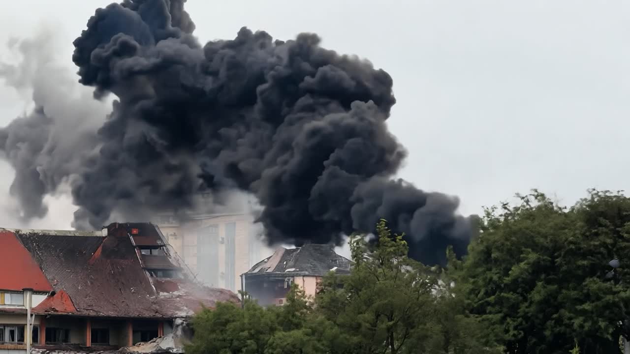 Black smoke billows into the sky as a large fire engulfs a building ...
