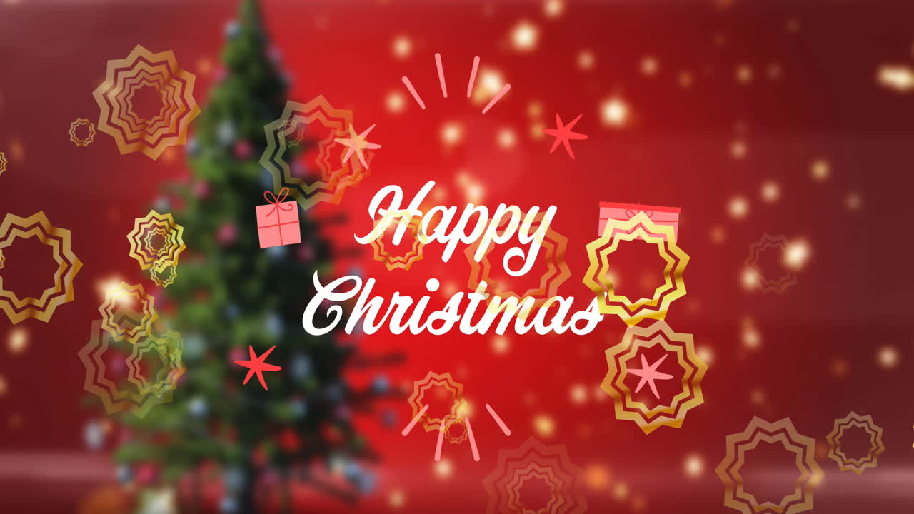 ⁇ 색의 해피 크리스마스 텍스트의 애니메이션,  ⁇ 은 배경에 크리스마스 트리 위에 금색 별이 있습니다.