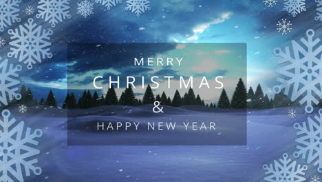 animation of merry christmas text with snowflakes over winter landscape