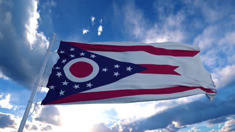 ohio flag on a flagpole waving in the wind, blue sky background. 4k