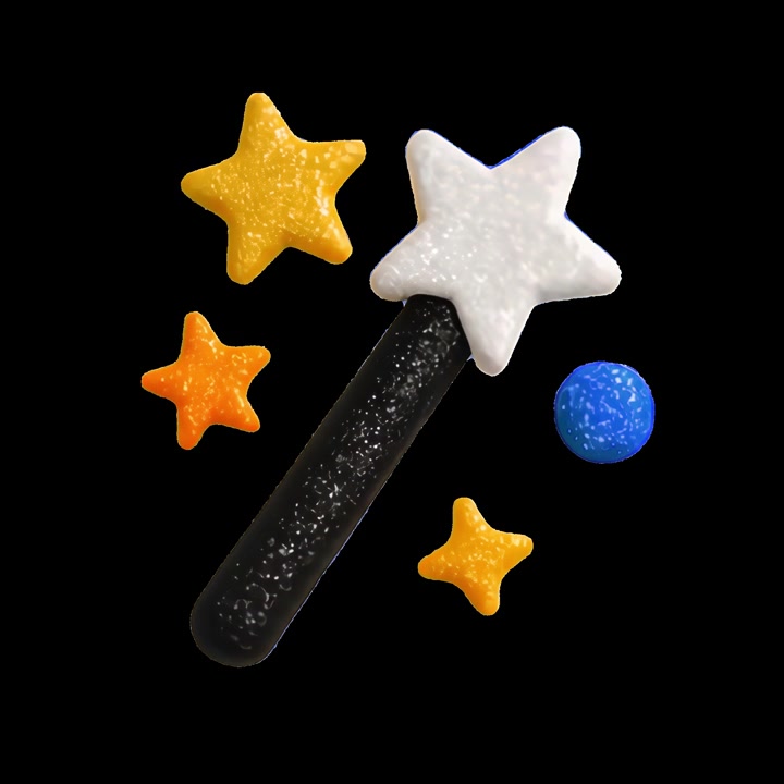 Bacchetta magica animata con stelle e sfera fluttuanti