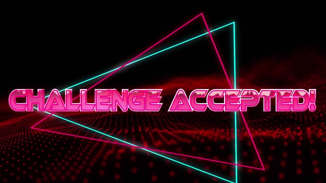 Animation of challenge accepted over geometrical moving shapes and wave