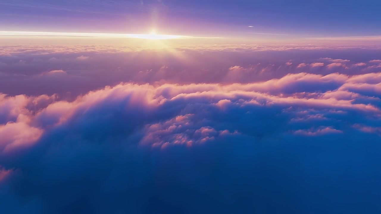 Vista Aérea Serena de Nuvens com Raios de Sol Dourados ao Nascer ou Pôr do Sol