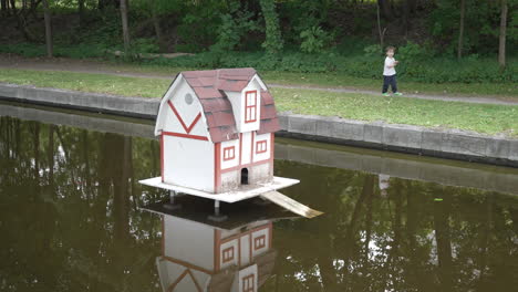 un niño pasa junto a una casa de patos en un estanque en cámara lenta