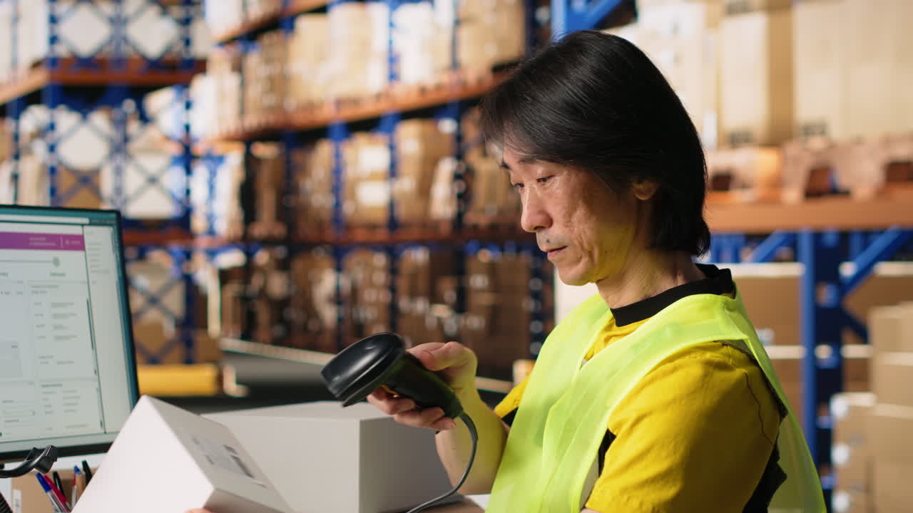 Vertical Video Male worker managing package labeling using shipment details adhesive tags