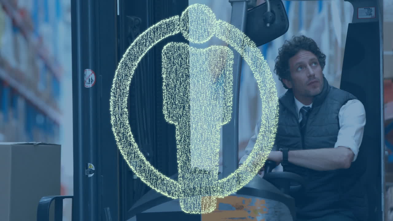 animación de un ícono humano sobre un trabajador caucásico en un almacén