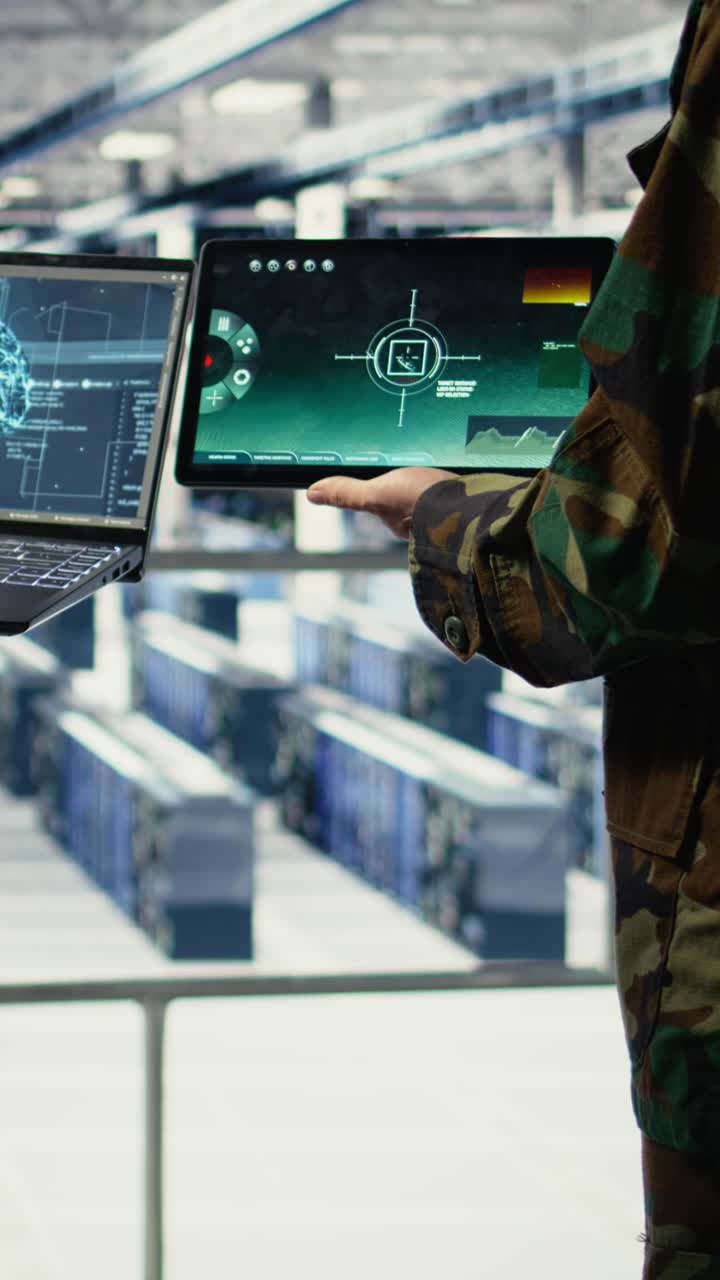Vertical Video Close Up Of Army General And Coworker In Data Center Integrating Ai Into Radar