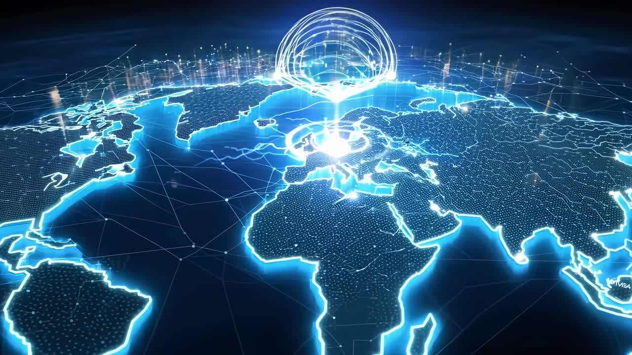Futuristic video concept of a glowing digital world map from a top-down angle, highlighting global
