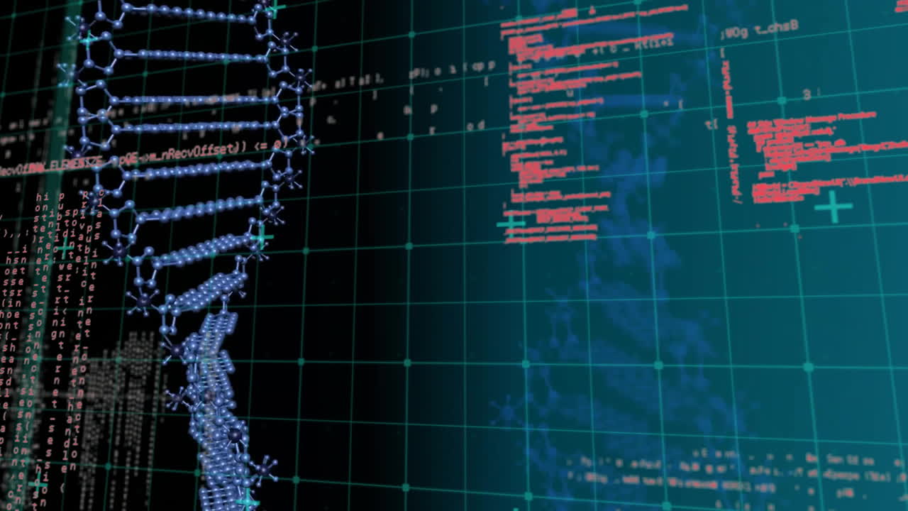 animación de procesamiento de datos de cadena de adn y codificación en el fondo de la cuadrícula