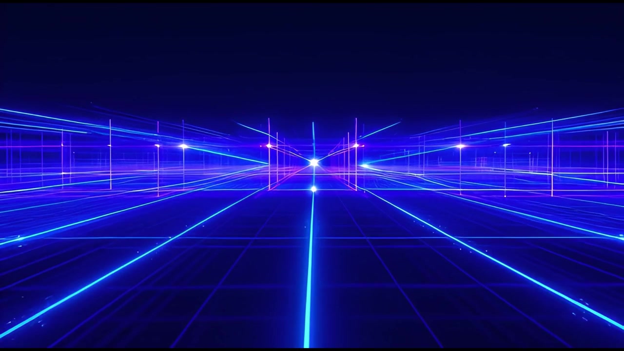 Abstract Digital Grid Moving Through Neon Blue Laser Light Tunnel