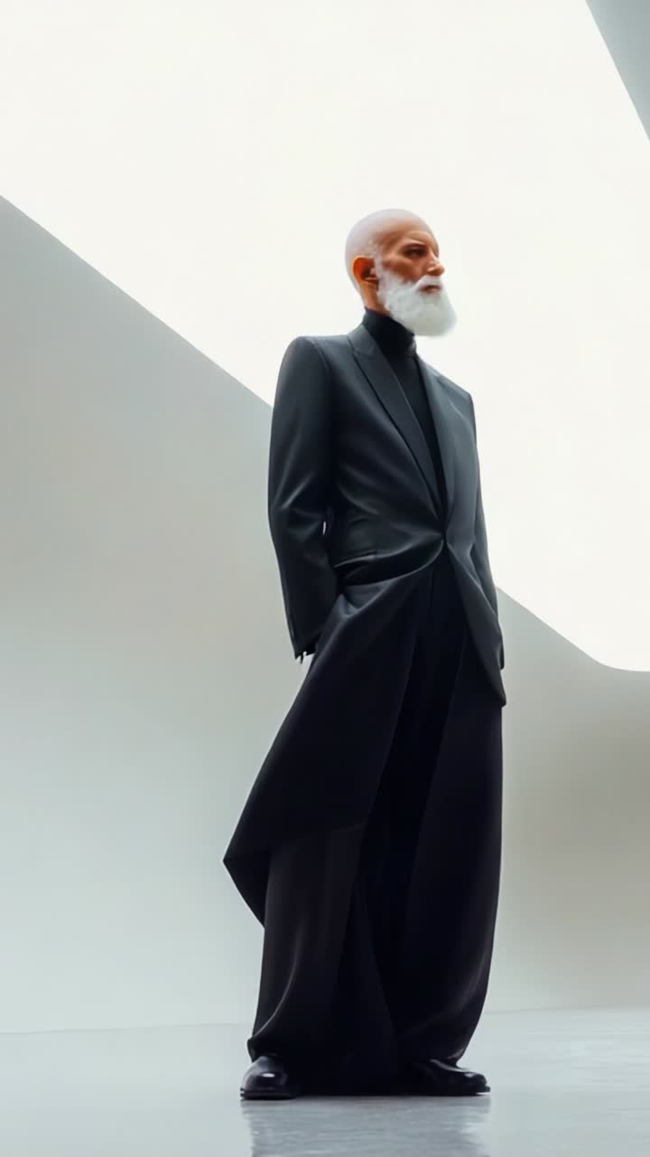 A Stylish Older Man in a Modern Outfit Poses Elegantly Against a Minimalist Architectural Background with Abstract Lines and Soft Lighting