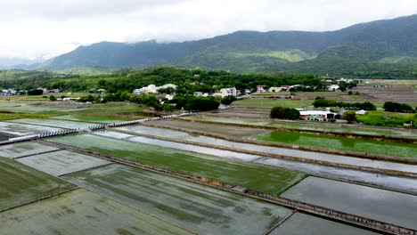 Expansive-salt-pans-with-lush-mountains-in-the-background,-under-a-cloudy-sky,-aerial-view