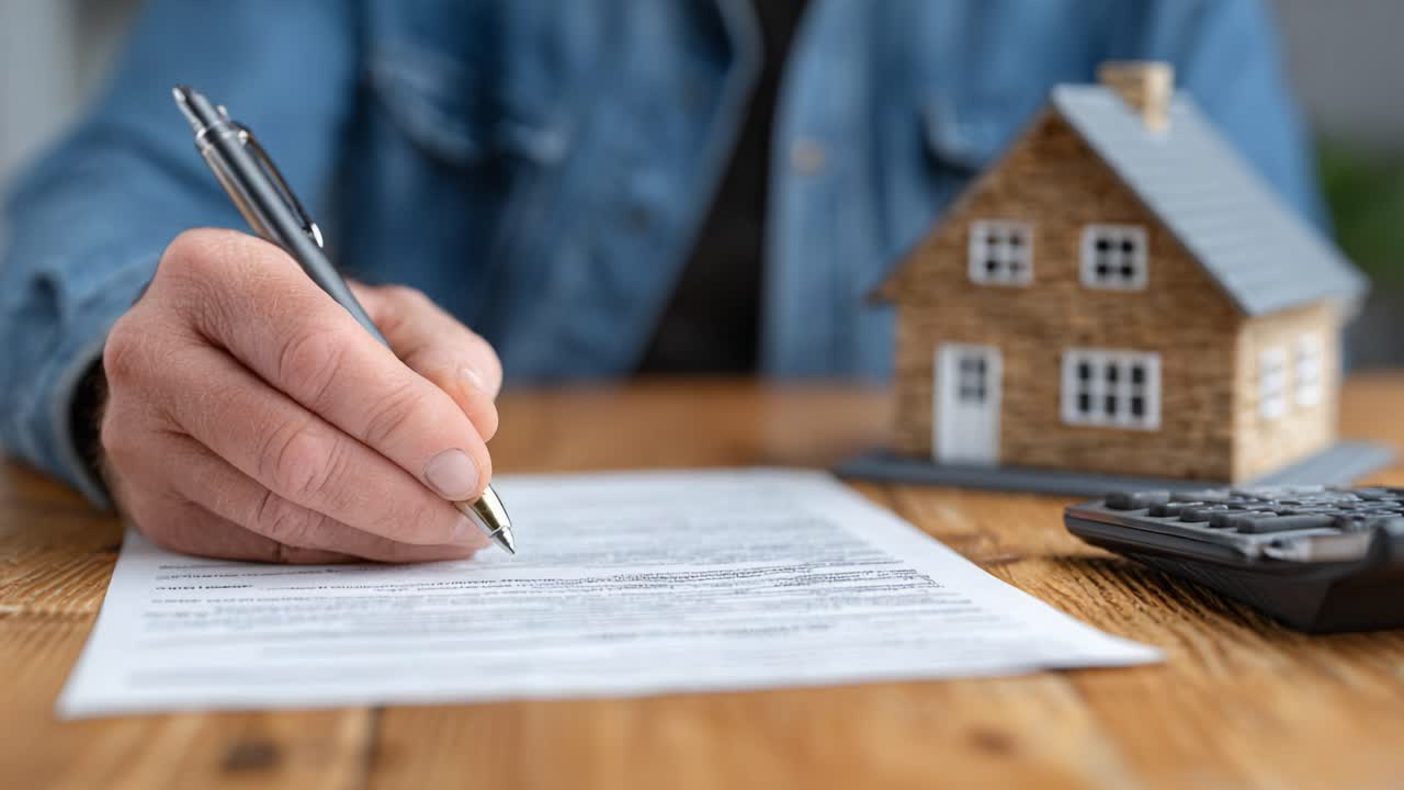 Un primer plano detallado de una mano firmando un documento importante con una maqueta de casa y una calculadora sobre una mesa de madera, que simboliza el proceso de hipoteca y propiedad de vivienda