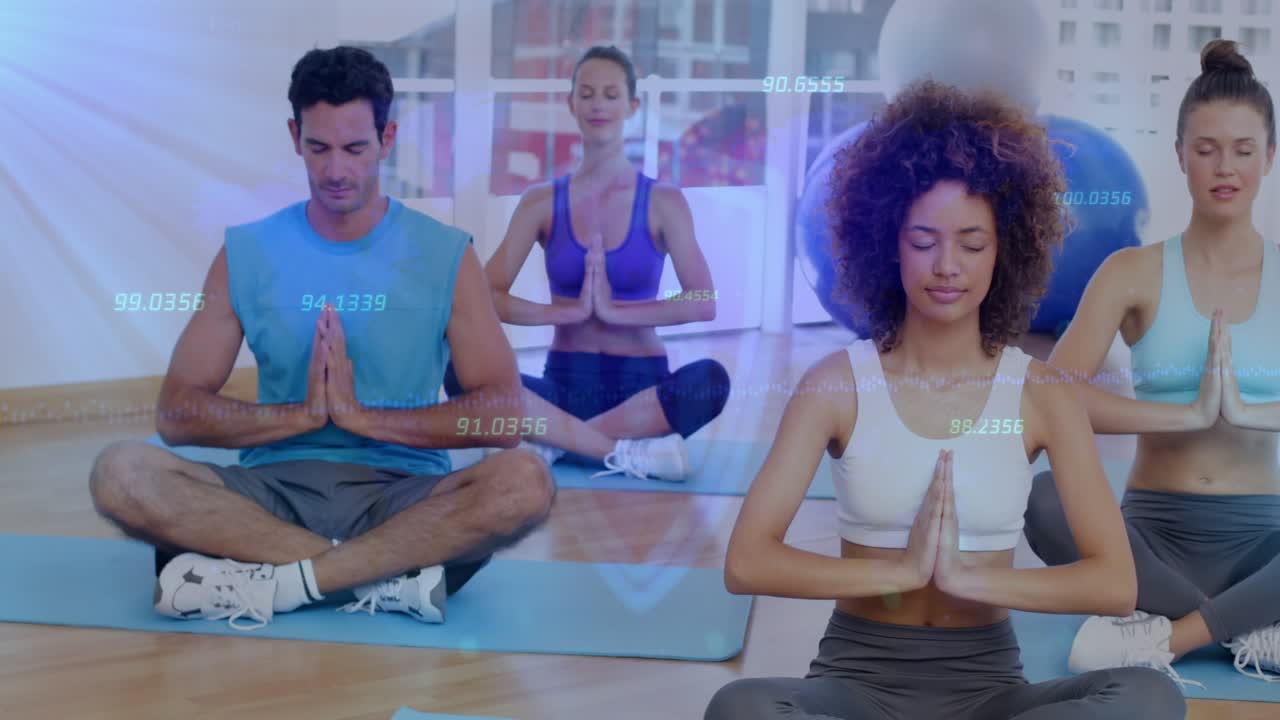 Center woman and fitness class holding pose while HUD and silhouette appearing, ending session