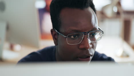 focus, businessman and computer with glasses