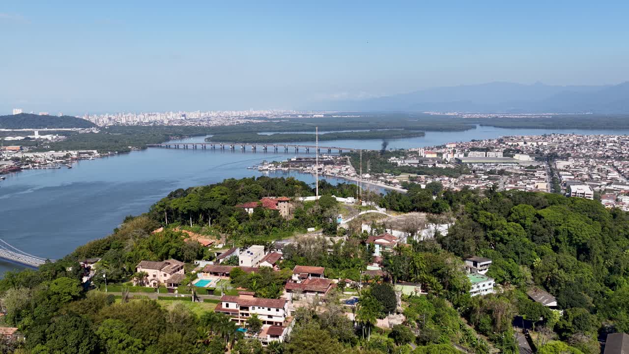 Sao Vicente Bay At Sao Vicente In Sao Paulo Brazil. Bay Water Skyline. Downtown Cityscape. Tropical Travel. Sao Vicente Bay In Brazil. Seascape Scenery. Summer Blue Skyline