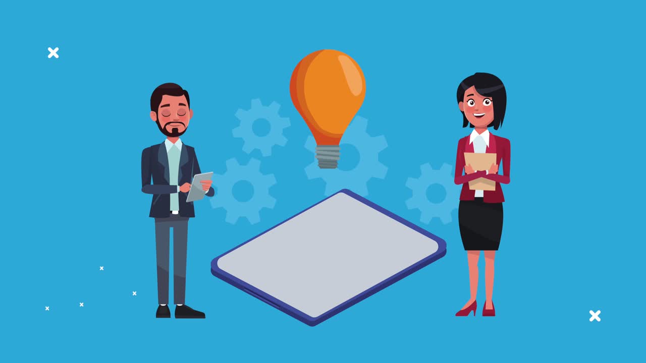 successful business couple with tablet and bulb