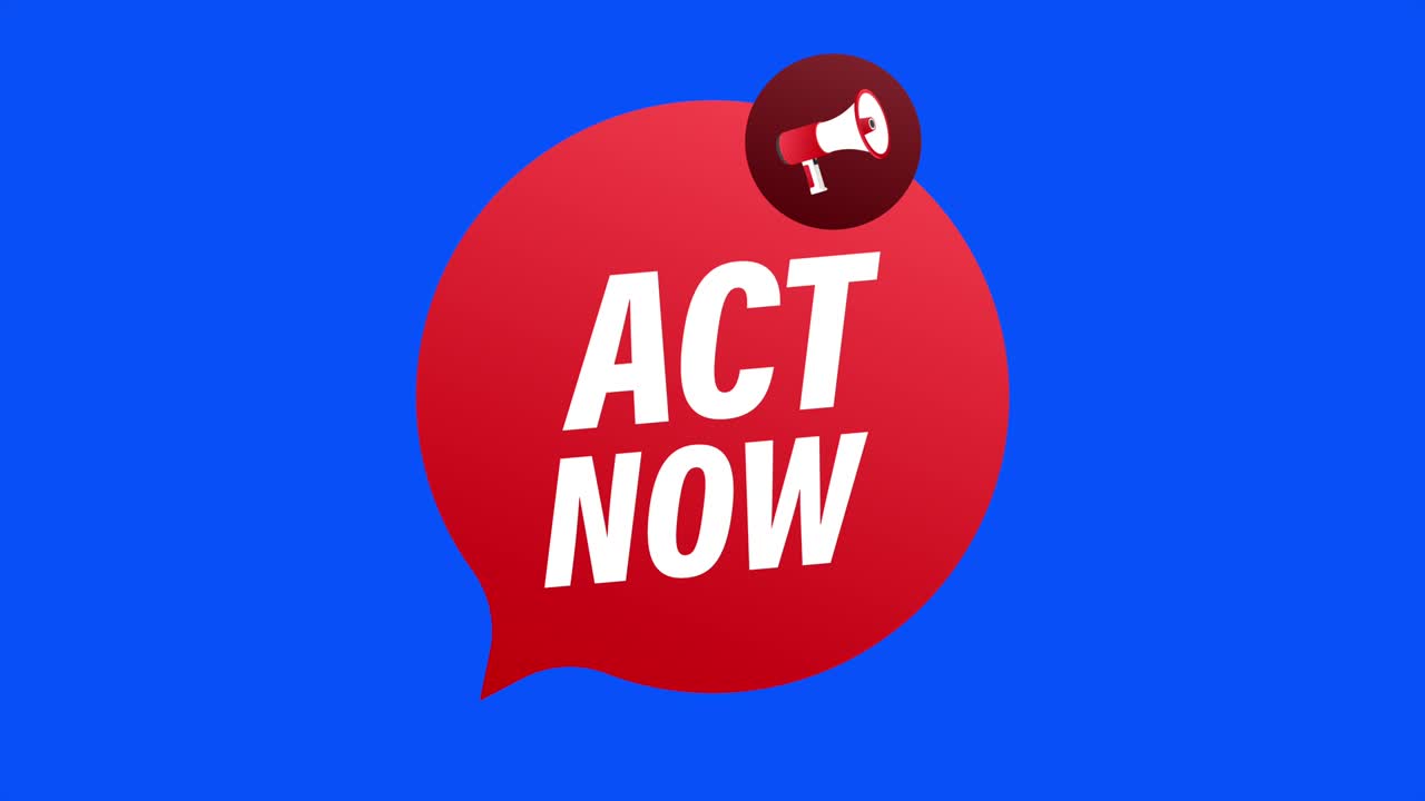 hombre con la mano sosteniendo el megáfono con la burbuja de habla act now. banner para negocios. ilustración.