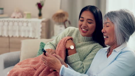 Senior-mom,-woman-and-sofa-for-watching-tv