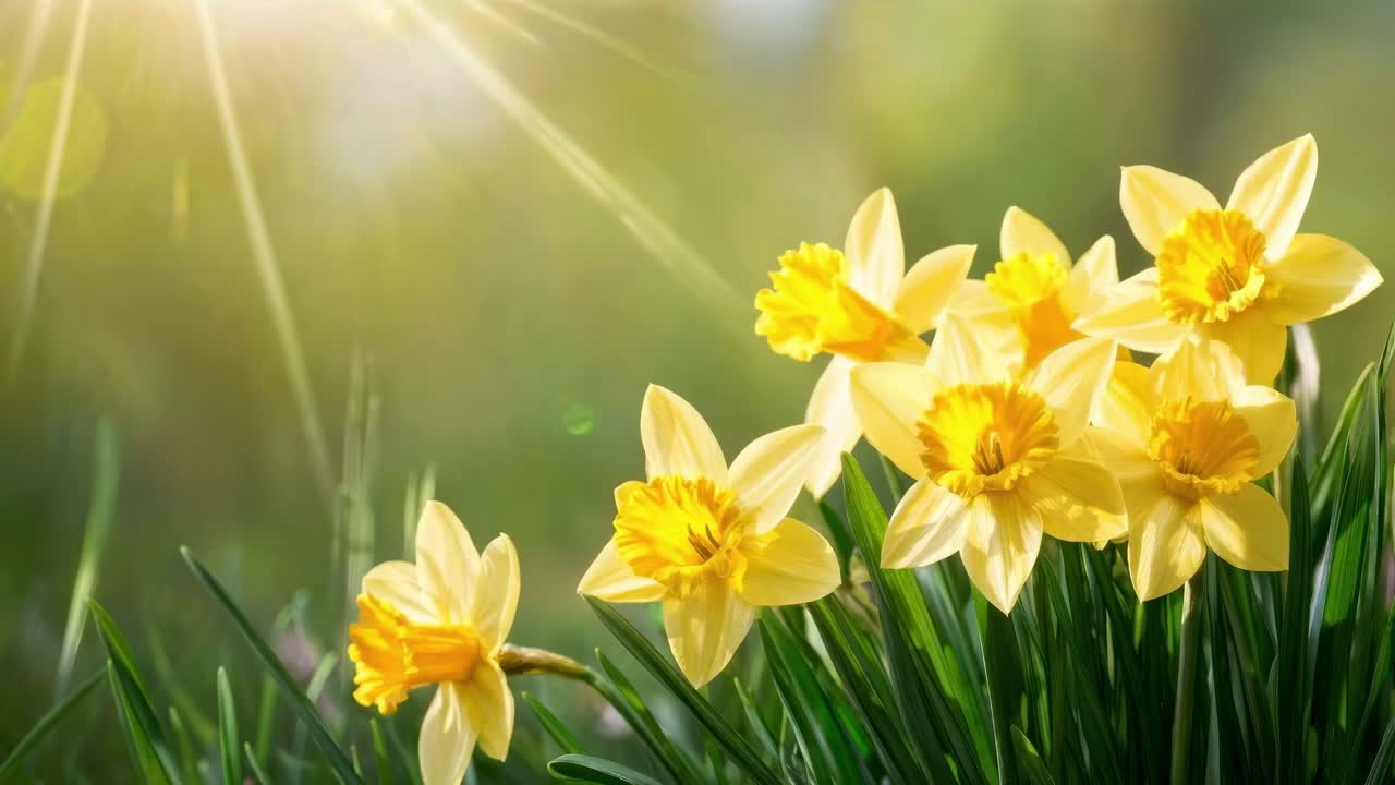 Close-up video of vibrant yellow daffodils in sunlight, captured from a low angle
