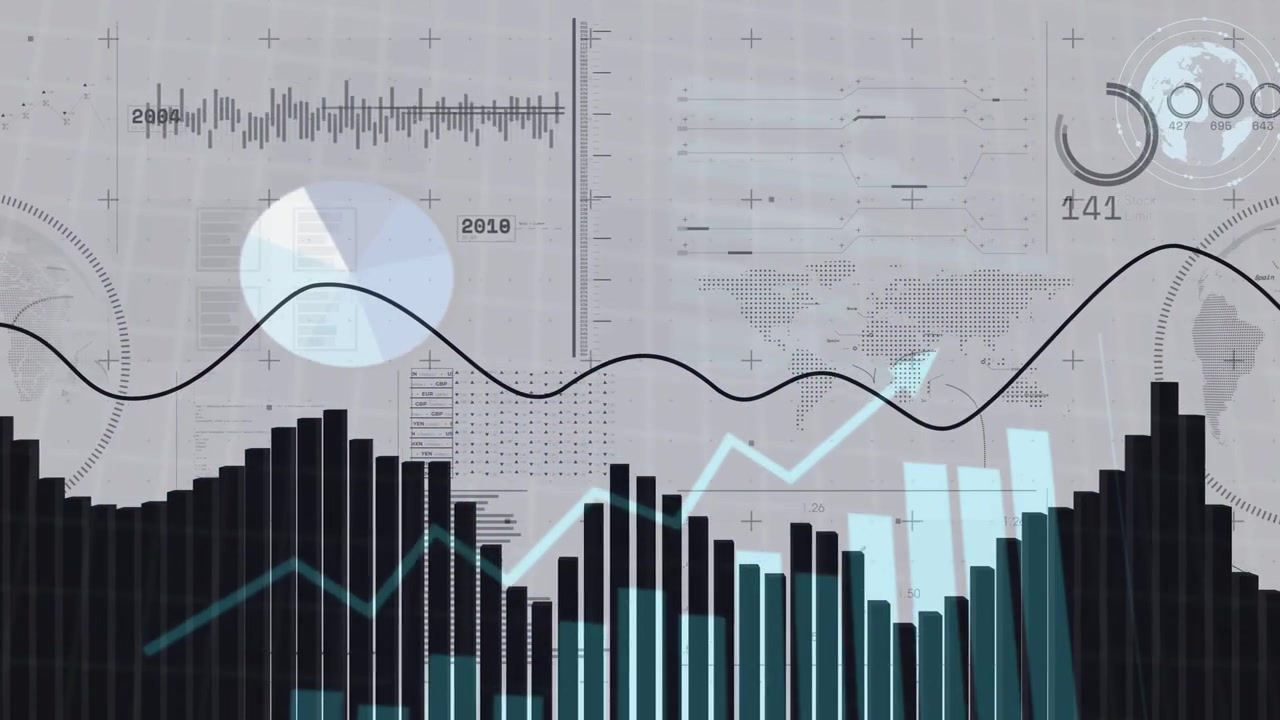 Header text appearing, dashboard animating with bars rising and falling, trend line tracing metrics