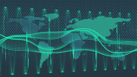 Animation-of-data-processing-and-world-map-over-green-background