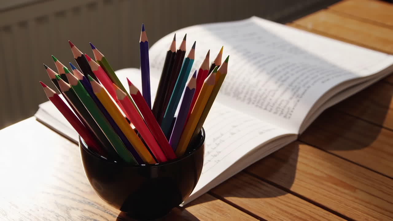 Colored Pencils and Open Book on a Wooden Desk