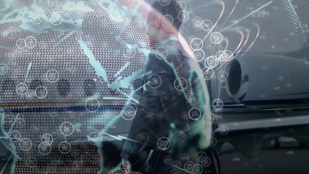 Using smartphone, businessperson interacting with digital globe animation in office