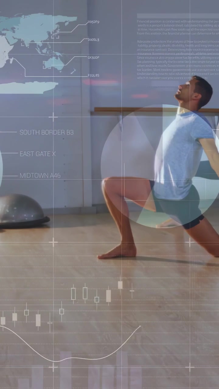 Vertical video: Man shifting from crouch into lunge in fitness, HUD updating stats, peer mirroring