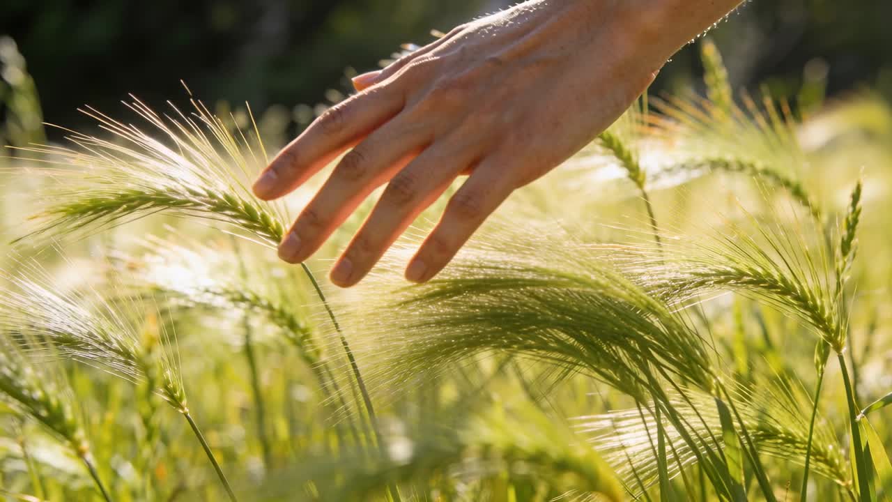 Käsi saapuu kuvaan, tutkien ohrankenttää ja tuntien tähkien taipuvan sormien alla, kopiointitilaa.