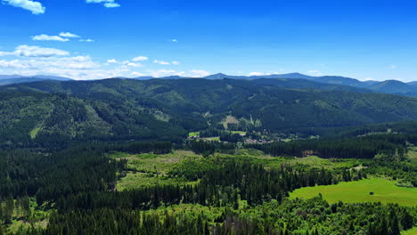 green mountains, clear blue sky. expansive view of rolling green hills and forests beneath a bright blue sky with scattered clouds