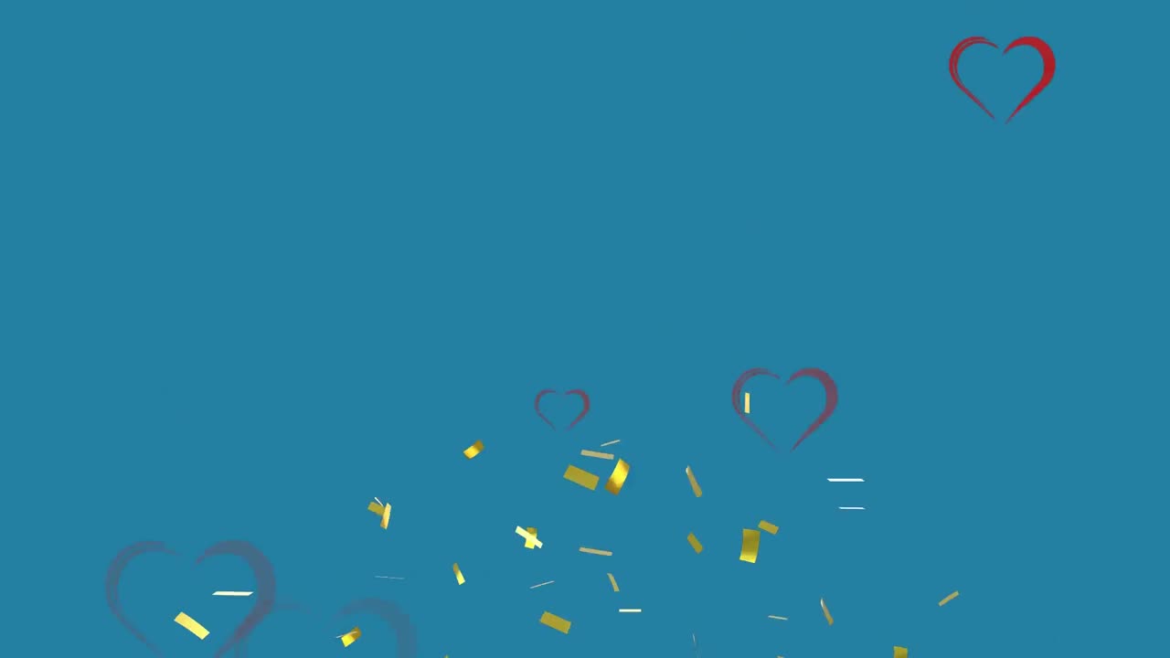 Animation of grey ribbon hearts with gold confetti falling, on blue background